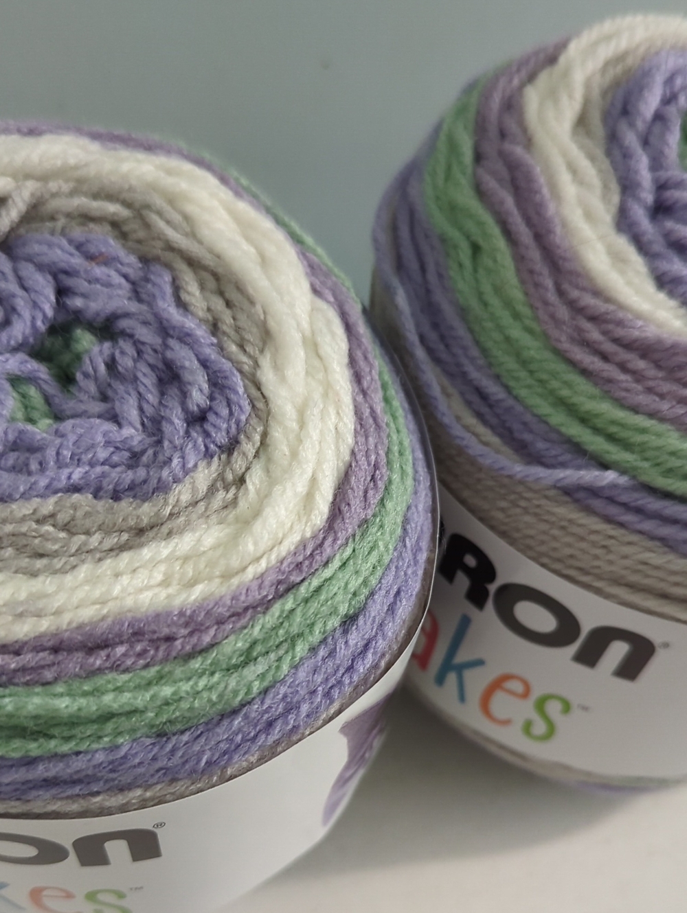 Caron Cake Stripe Multicolor Yarn - Lavender, Green, Gray and White - Two Skeins